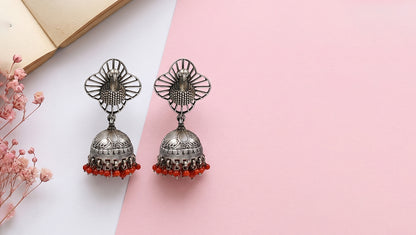Peacock Motif Oxidised Silver Jhumka Earrings