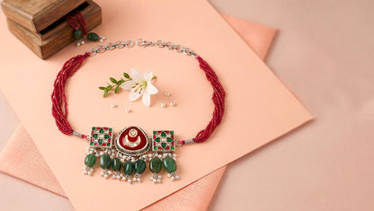 Sangeeta Boochra Festive Silver Choker with Green Bead Drops
