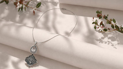 Sangeeta Boochra Oxidised Sterling Silver Lotus Pendant with Pear Moissanite