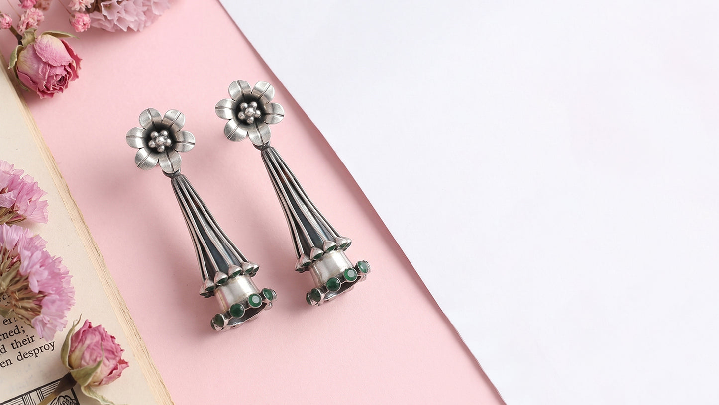Regal Floral Motif Silver Earrings by Sangeeta Boochra