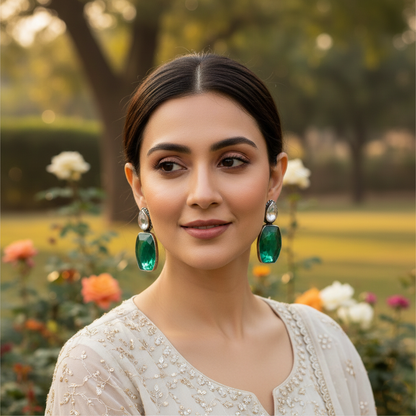 Sangeeta Boochra Classic Green Drop Silver Earrings