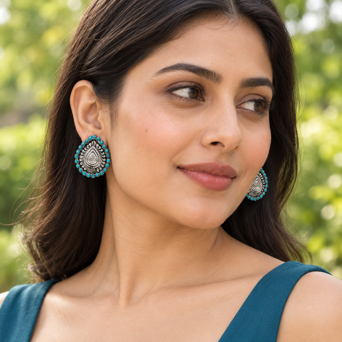 Sangeeta Boochra Oxidised Silver Stud Earrings with Turquoise Stone Detailing