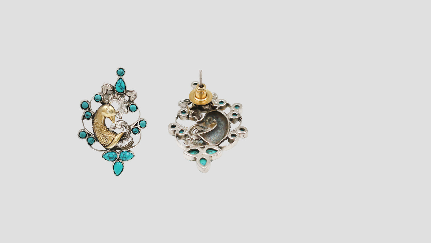 Sangeeta Boochra Dual-Tone Turquoise Peacock Silver Earrings