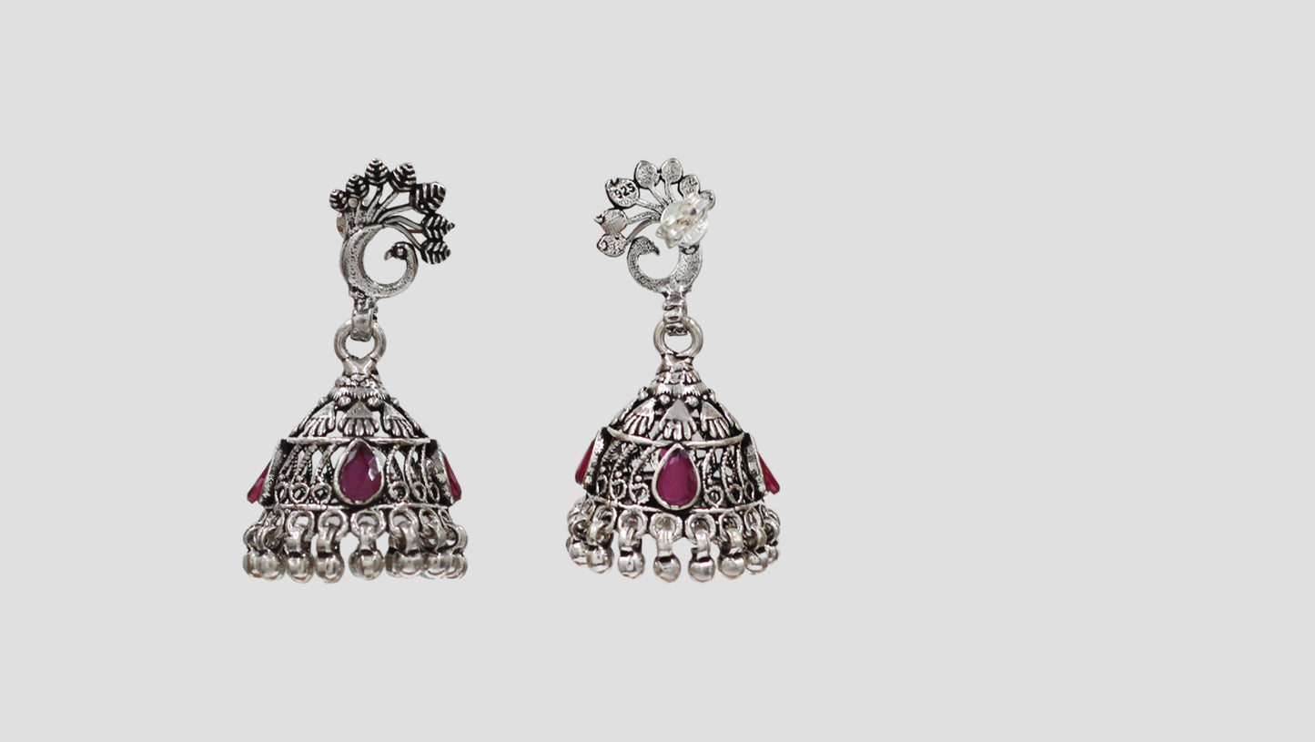 Sangeeta Boochra Vintage Peacock Motif Oxidised Silver Statement Earrings