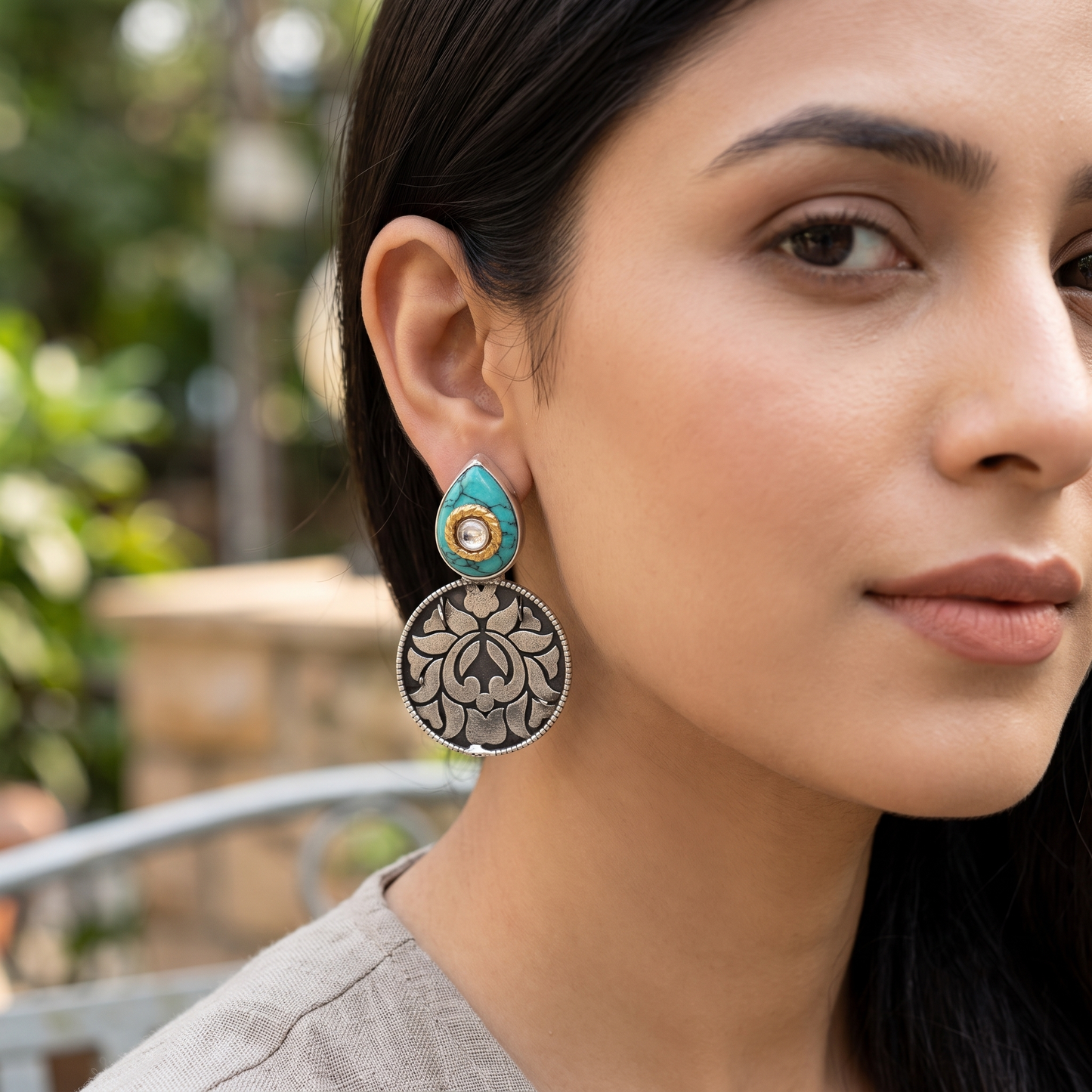 Sangeeta Boochra Handcrafted Turquoise Stone Disc Earrings in 925 Silver