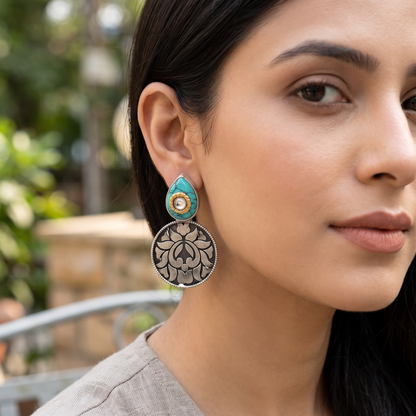 Sangeeta Boochra Handcrafted Turquoise Stone Disc Earrings in 925 Silver