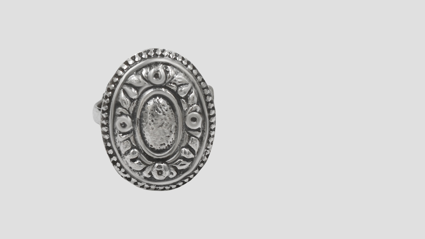 Sangeeta Boochra Oxidised Silver Oval Floral Statement Ring