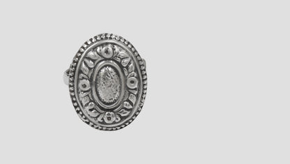 Sangeeta Boochra Oxidised Silver Oval Floral Statement Ring