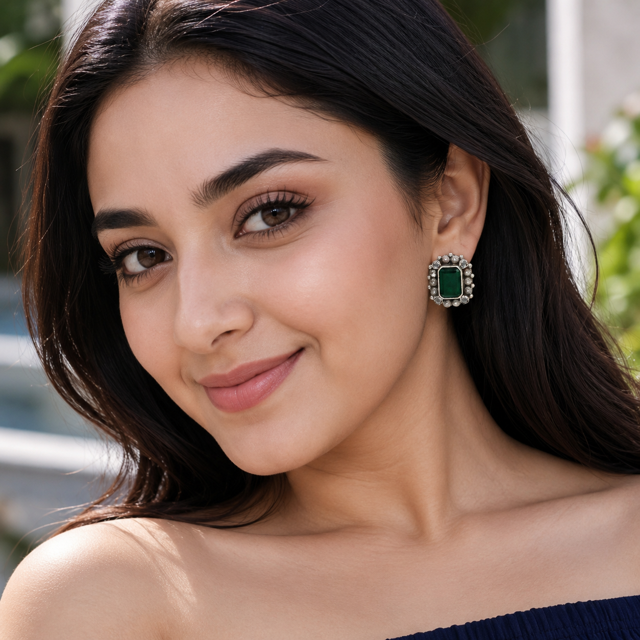 Sangeeta Boochra Oxidised Sterling Silver Emerald Green Statement Stud Earrings