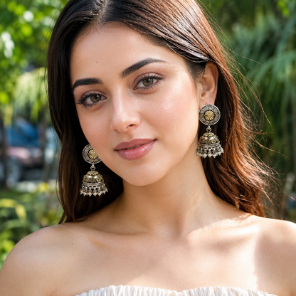 Sangeeta Boochra Dual-Tone Oxidised Jhumka Earrings with Pearl Drops