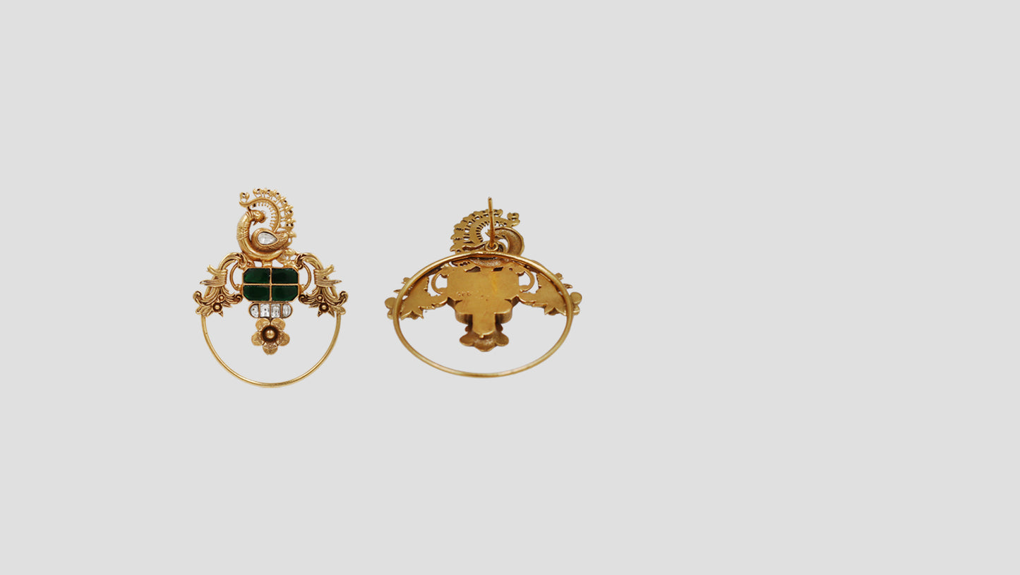 Sangeeta Boochra Handcrafted Gold Plated Peacock Motif Silver Kundan Earrings
