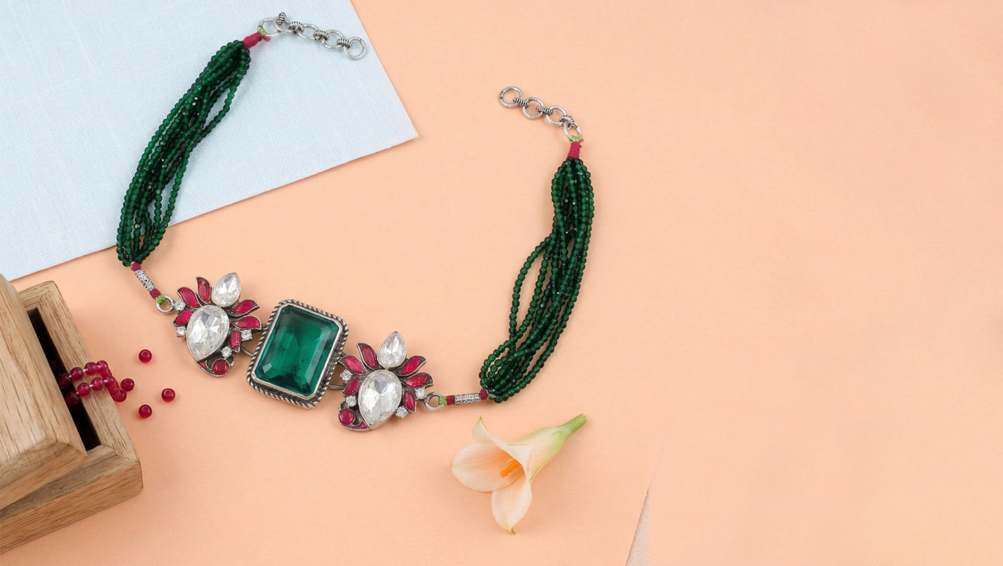 Sangeeta Boochra Silver Choker with Green Stone and Floral Accents