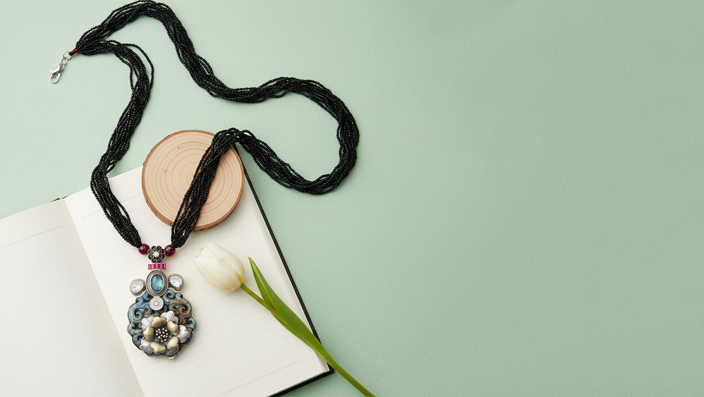 Sangeeta Boochra Black Beaded Silver Pendant  with Floral Detailing