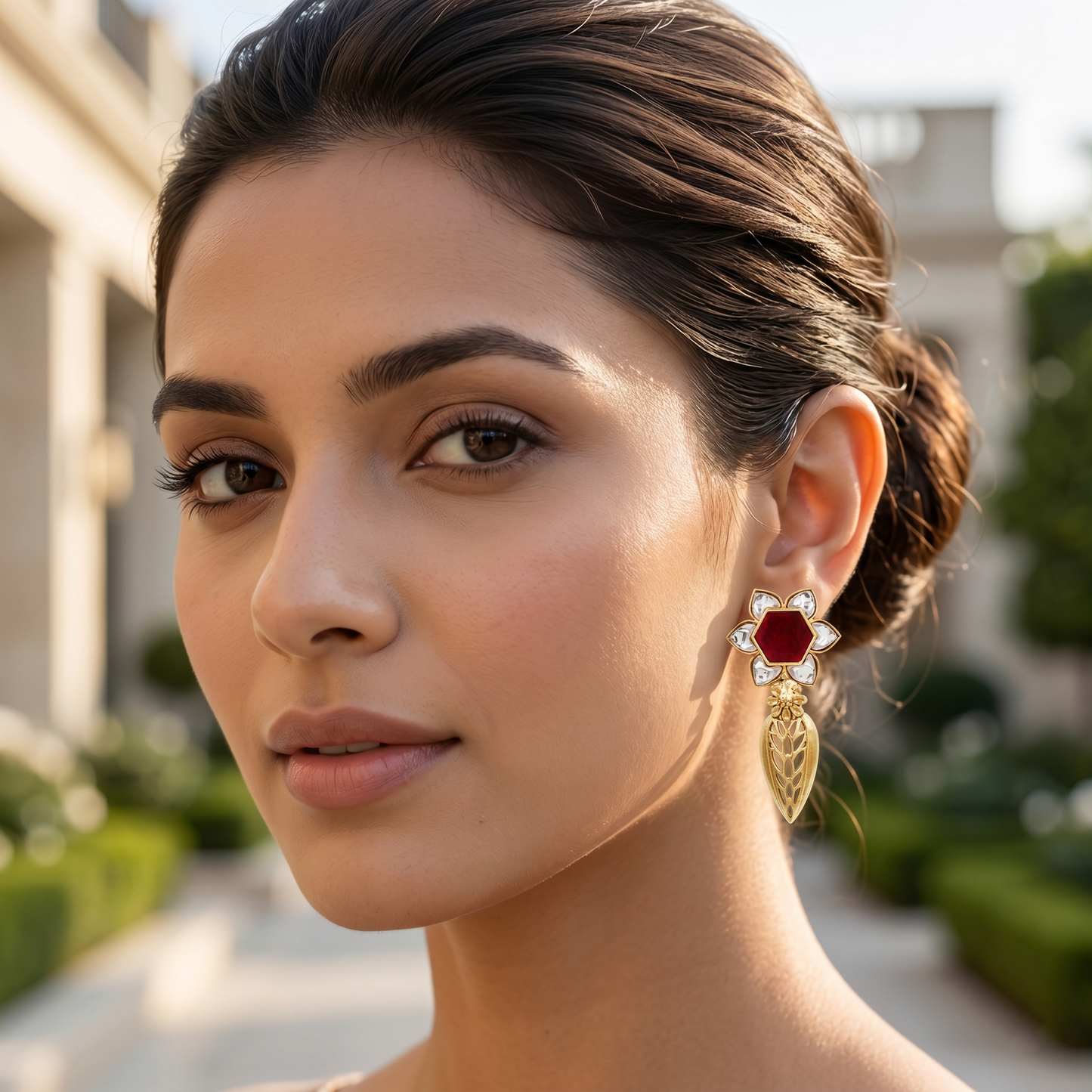 Sangeeta Boochra Gold Plated Silver Floral Statement Earrings with Kundan Detailing