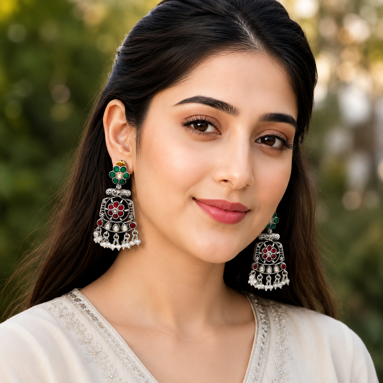 Sangeeta Boochra Handcrafted Sterling Silver Kundan Earrings with Pearl Drops