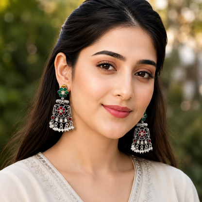 Sangeeta Boochra Handcrafted Sterling Silver Kundan Earrings with Pearl Drops