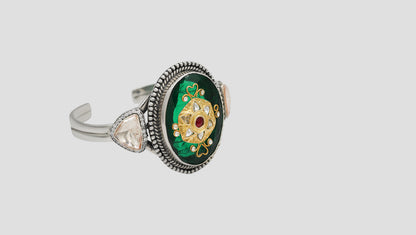 Sangeeta Boochra Handcrafted Silver Bracelet with Green Stone & Floral Motif
