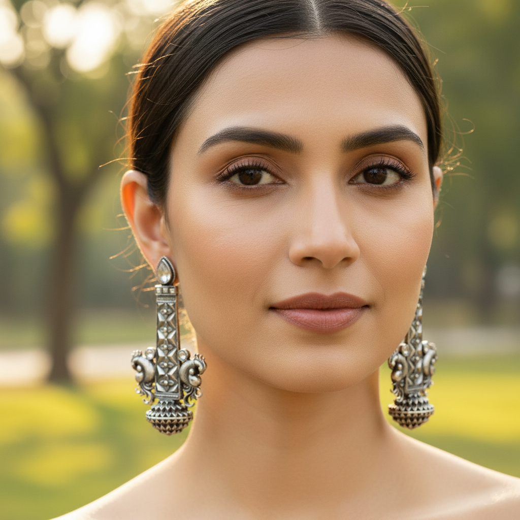 Sangeeta Boochra Royal Peacock Design Handcrafted Silver Earrings