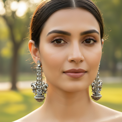 Sangeeta Boochra Royal Peacock Design Handcrafted Silver Earrings