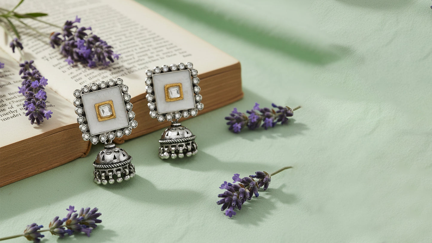 Sangeeta Boochra Square Motif Oxidised Silver Jhumka Earrings