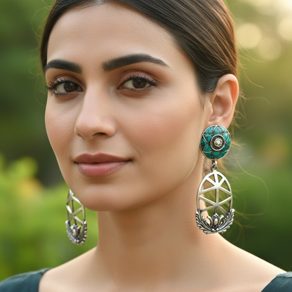 Sangeeta Boochra Turquoise Floral Silver Drop Earrings