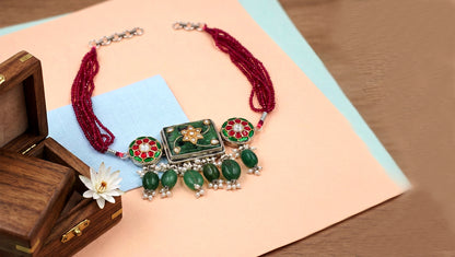 Sangeeta Boochra Red Beaded Silver Choker with Green Drop Beads
