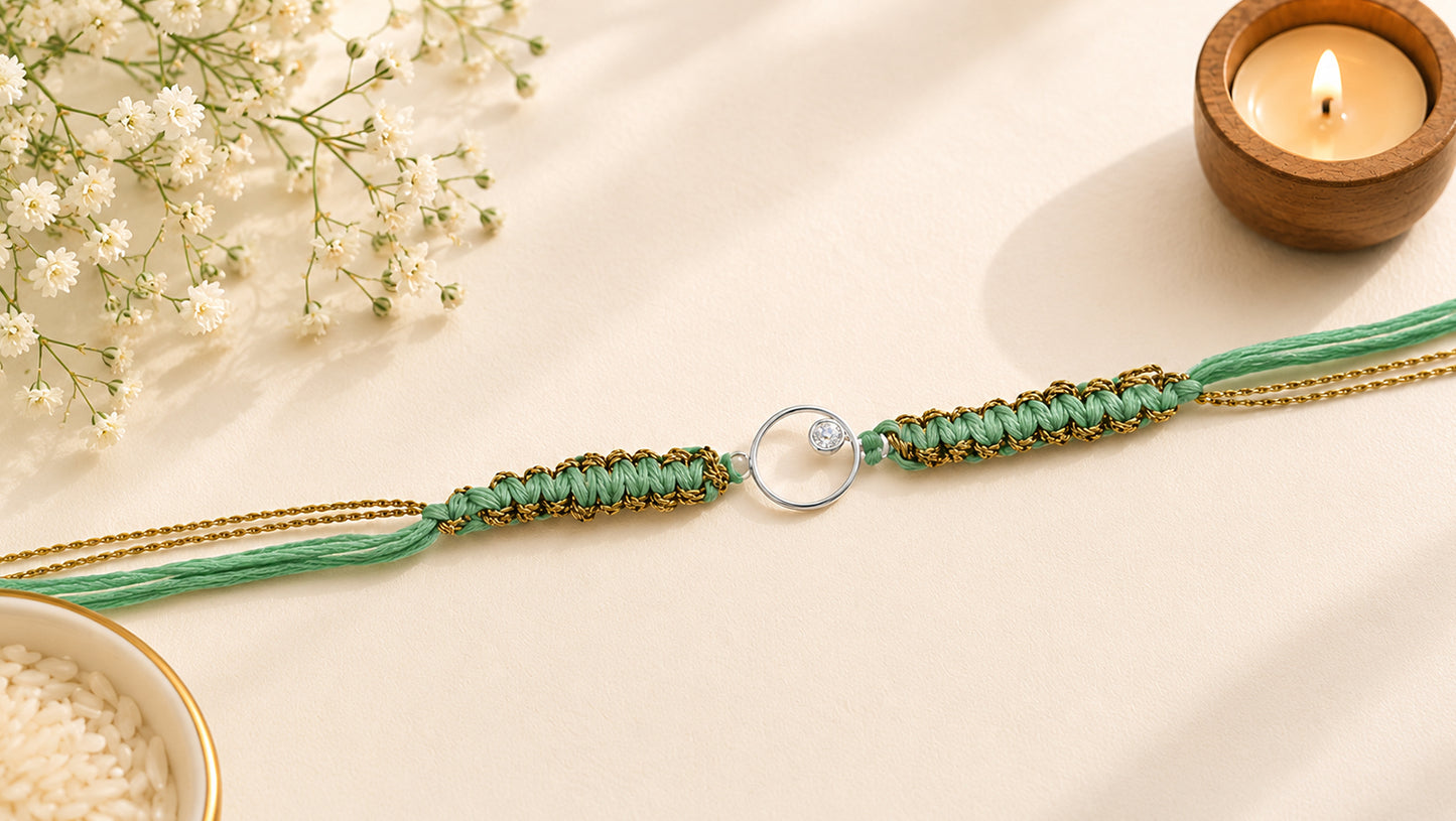 925 Sterling Silver Circle Rakhi with Green Thread | Sangeeta Boochra
