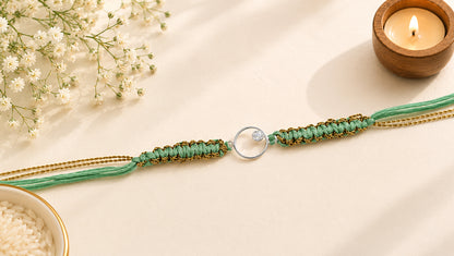925 Sterling Silver Circle Rakhi with Green Thread | Sangeeta Boochra