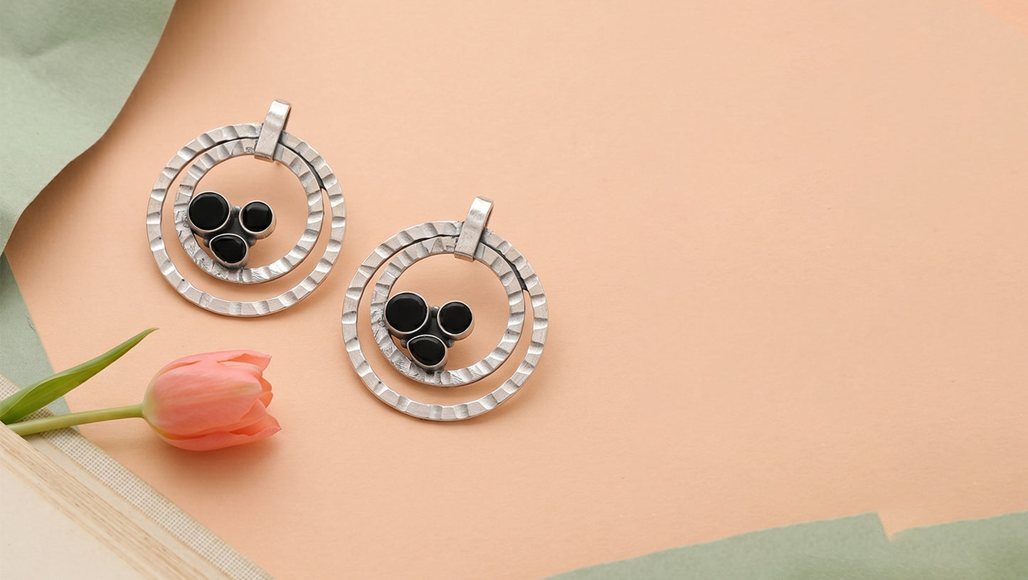 Sangeeta Boochra Dual Hoop Black Stone Silver Earrings