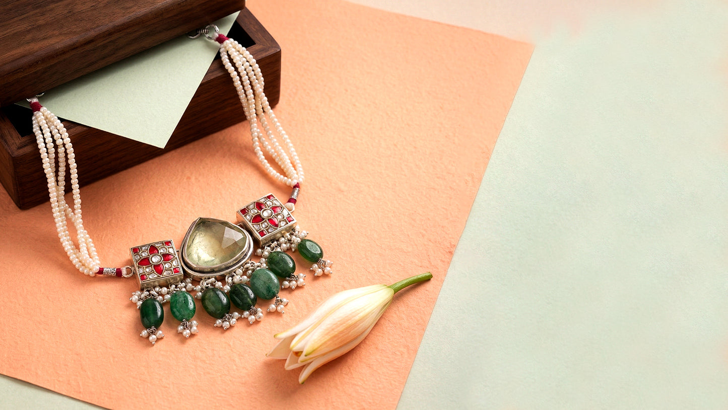 Sangeeta Boochra Artisan Silver Choker with Pearl Strands and Green Drops