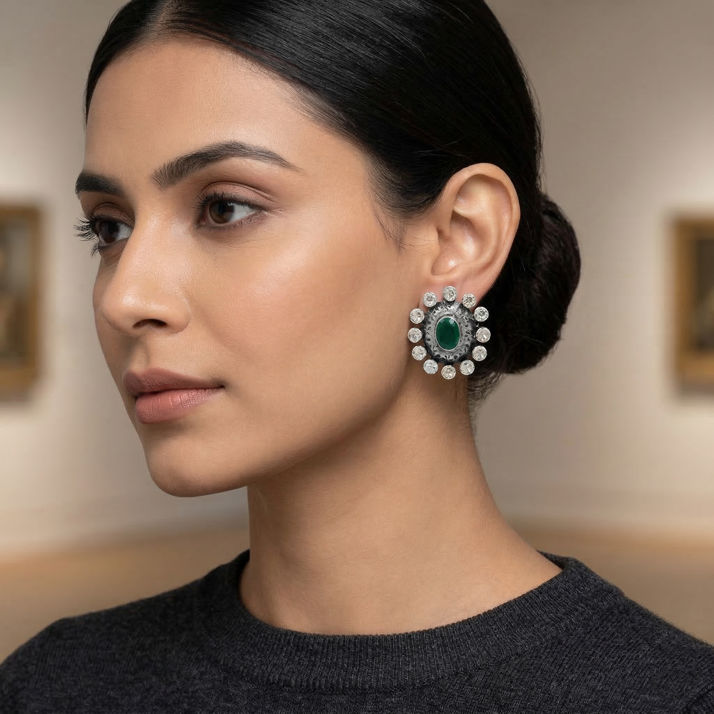 Sangeeta Boochra Emerald Glow Moissanite Silver Earrings