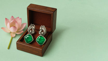 Handcrafted Oxidized Silver Earrings with Green Stone – Sangeeta Boochra