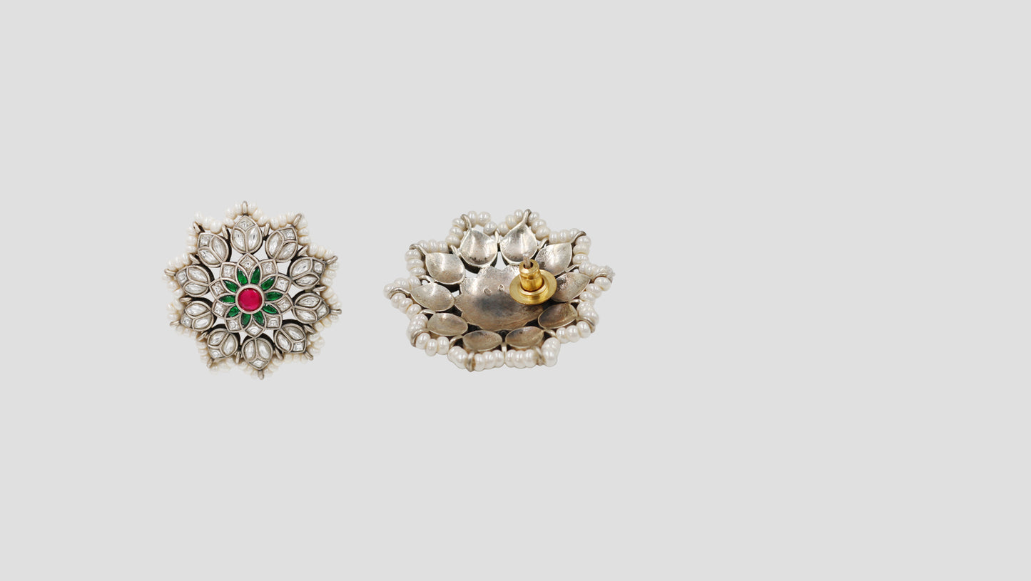 Sangeeta Boochra Artisan Kundan Silver Stud Earrings with Pearl Border