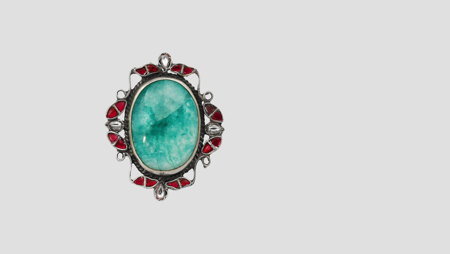 Sangeeta Boochra Statement Silver Ring with Green Stone & Red Detailing