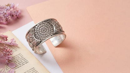 Sangeeta Boochra Floral Engraved Oxidised Silver Cuff