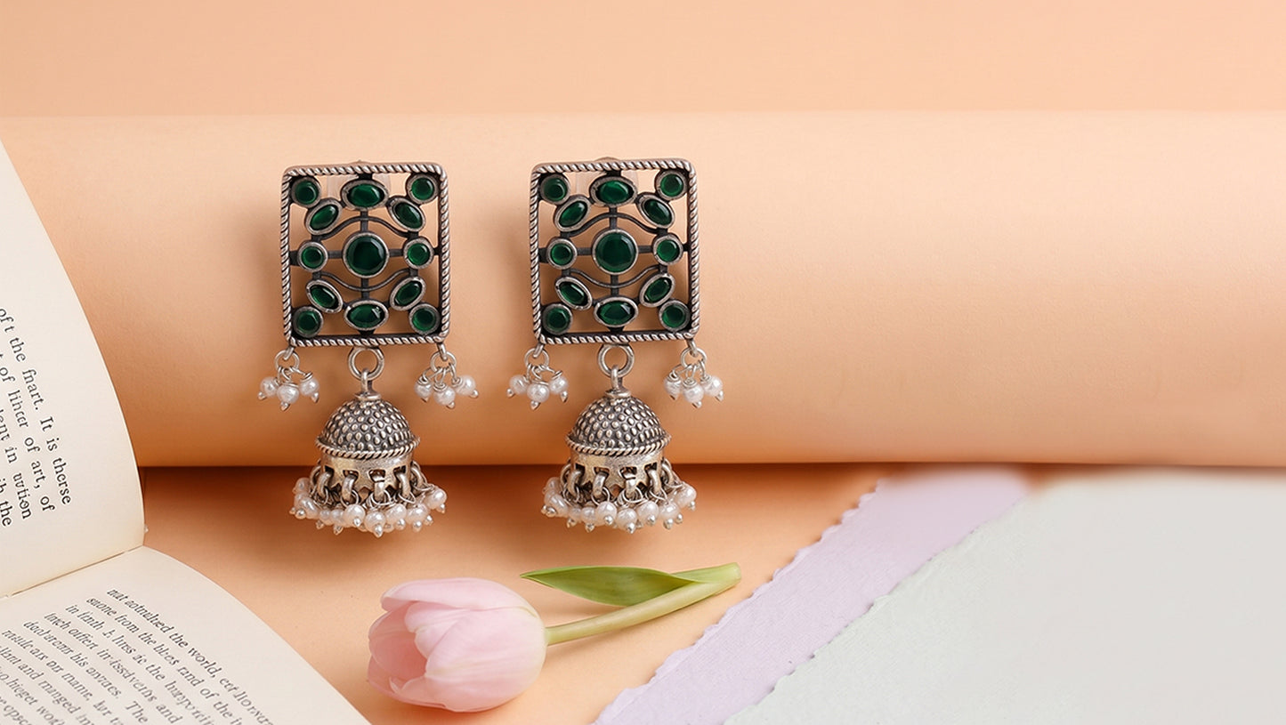 Sangeeta Boochra Handcrafted Oxidised Silver Kundan Earrings with Pearl Drops