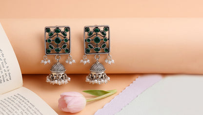 Sangeeta Boochra Handcrafted Oxidised Silver Kundan Earrings with Pearl Drops