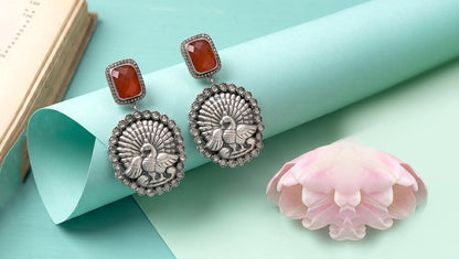 Sangeeta Boochra Peacock Motif Oxidised Silver Earrings