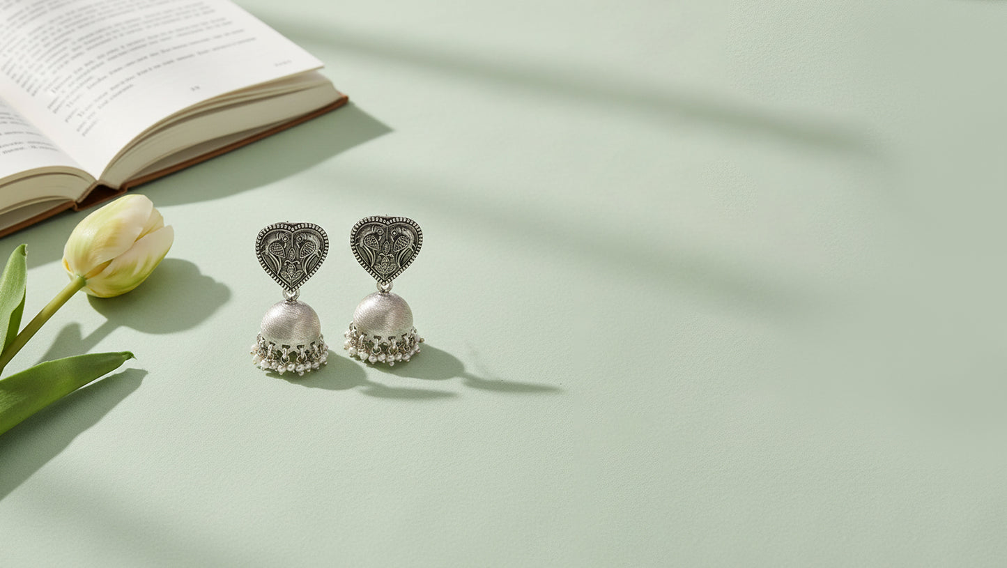 Sangeeta Boochra Traditional Heart Motif Silver Danglers