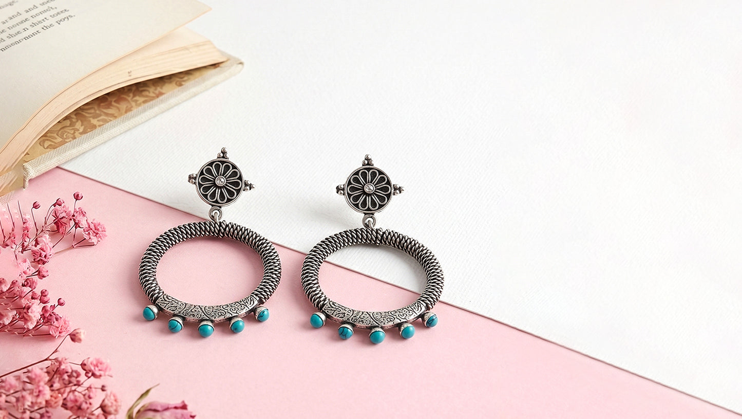 Turquoise Accent Silver Hoop Earrings by Sangeeta Boochra