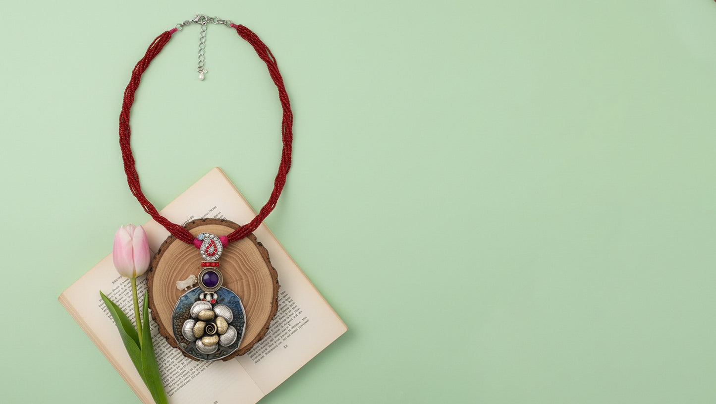 Sangeeta Boochra Handcrafted Silver Floral Pendant with Red Bead Strands
