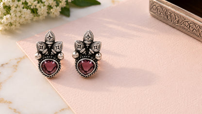 Handcrafted Oxidised Silver Pink Stone Stud Earrings | Sangeeta Boochra