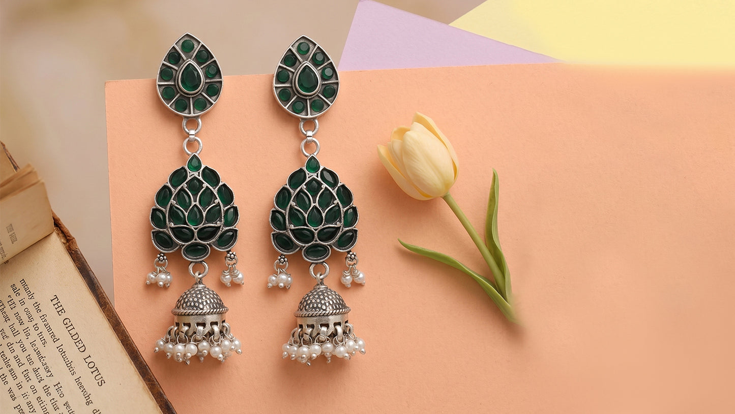 Sangeeta Boochra Green Kundan Jhumka Earrings with Pearl Drops