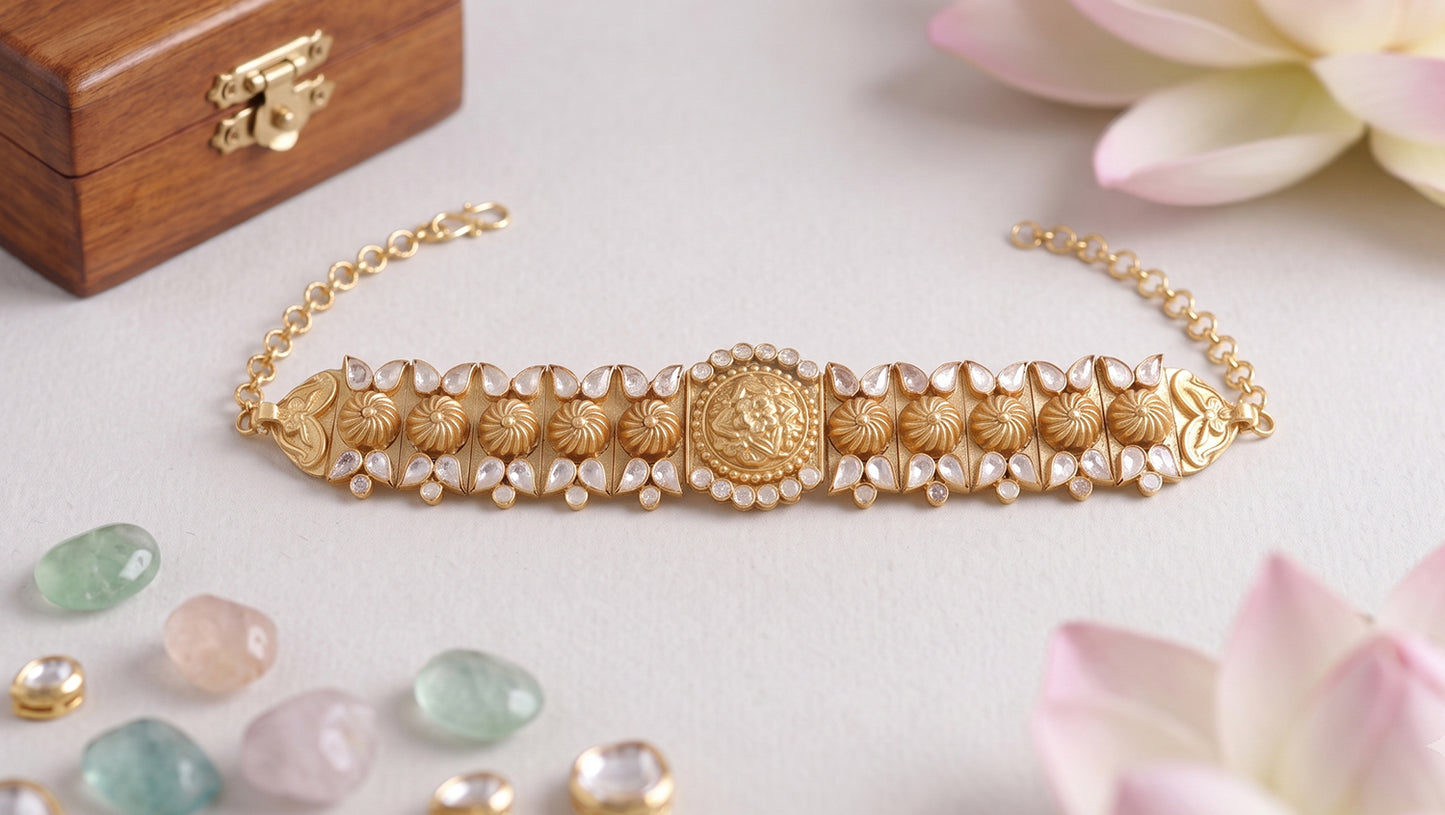 Sangeeta Boochra Artisan Gold Plated Silver Heritage Choker with Floral & Moissanite Detailing