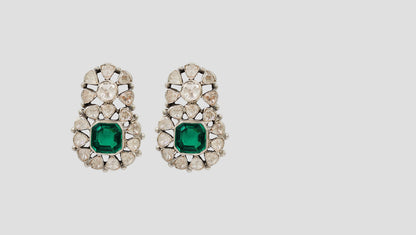 Sangeeta Boochra Polki Silver Earrings with Green Centre Stone