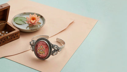 Sangeeta Boochra Silver Statement Bracelet with Rose-Tone Stone & Kundan Detailing