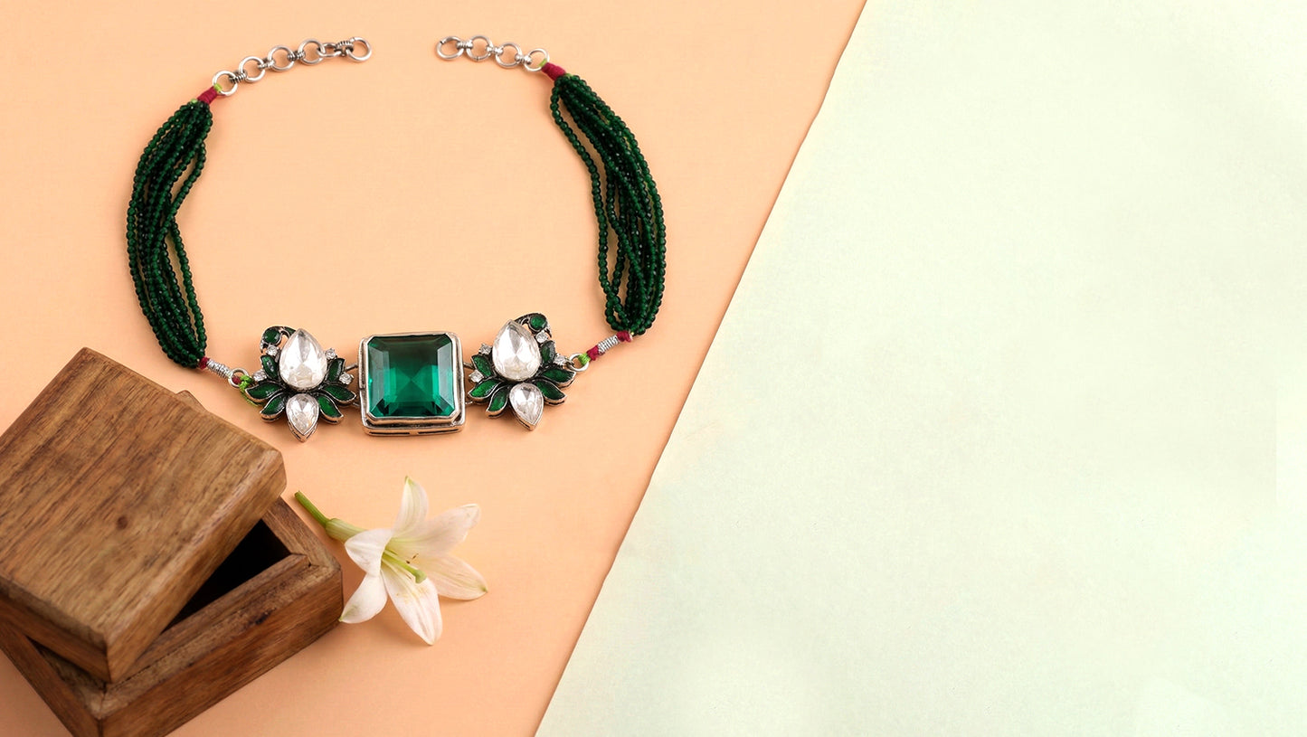 Sangeeta Boochra Multi-Strand Green Bead Silver Choker