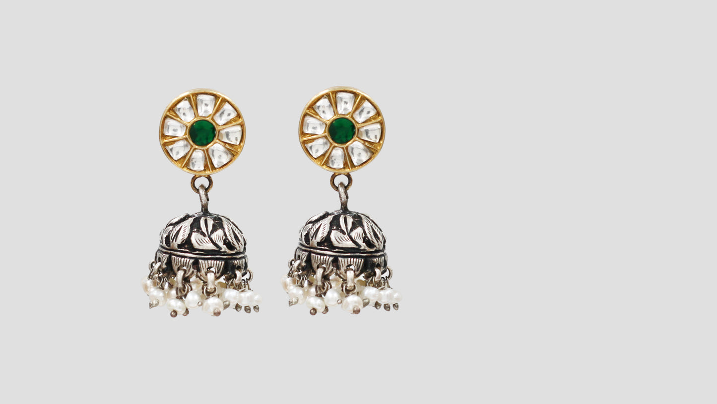 Sangeeta Boochra Dual Tone Kundan Pearl Jhumka Earrings