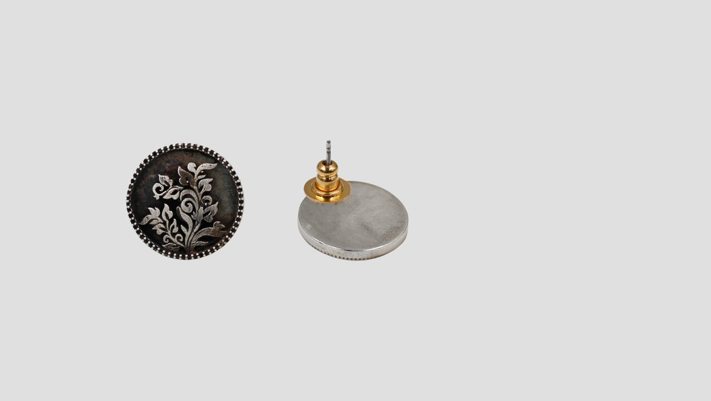 Sangeeta Boochra Handcrafted Floral Oxidised Silver Round Stud Earrings
