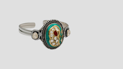 Sangeeta Boochra Silver Statement Bracelet with Turquoise-Tone Stone & Kundan Detailing